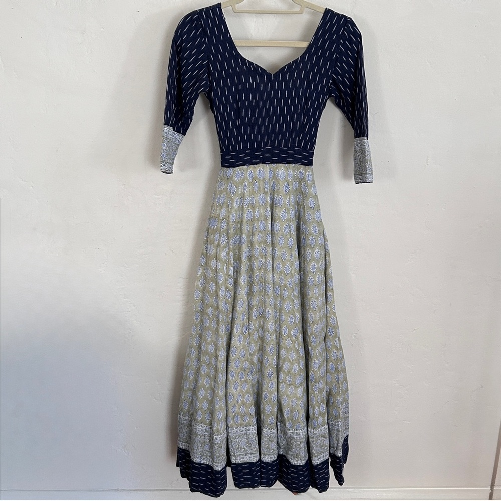 Vintage Indian Block Print Cotton Maxi Dress Cottagecore Prairie, Mint Condition
